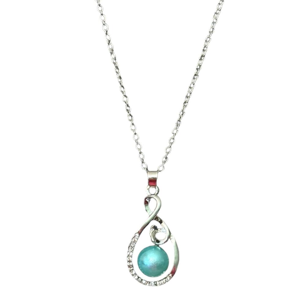Blue Faux Tahitian Pearl Diamond Silver Necklace 20"